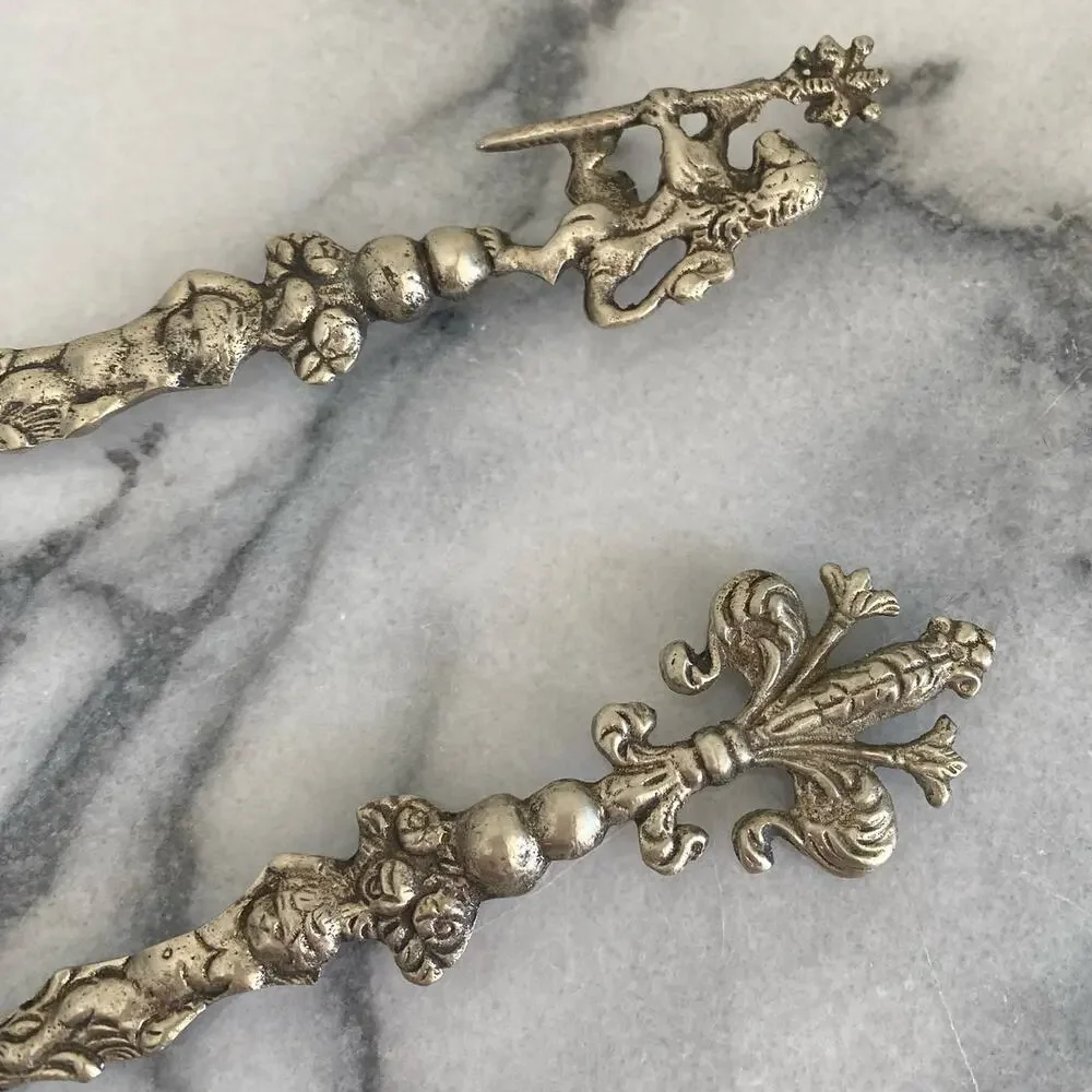 Ugo Bellini Set Of 2 Italian Ornate Metal Serving Fork Spoon Baroque Cherub Lion